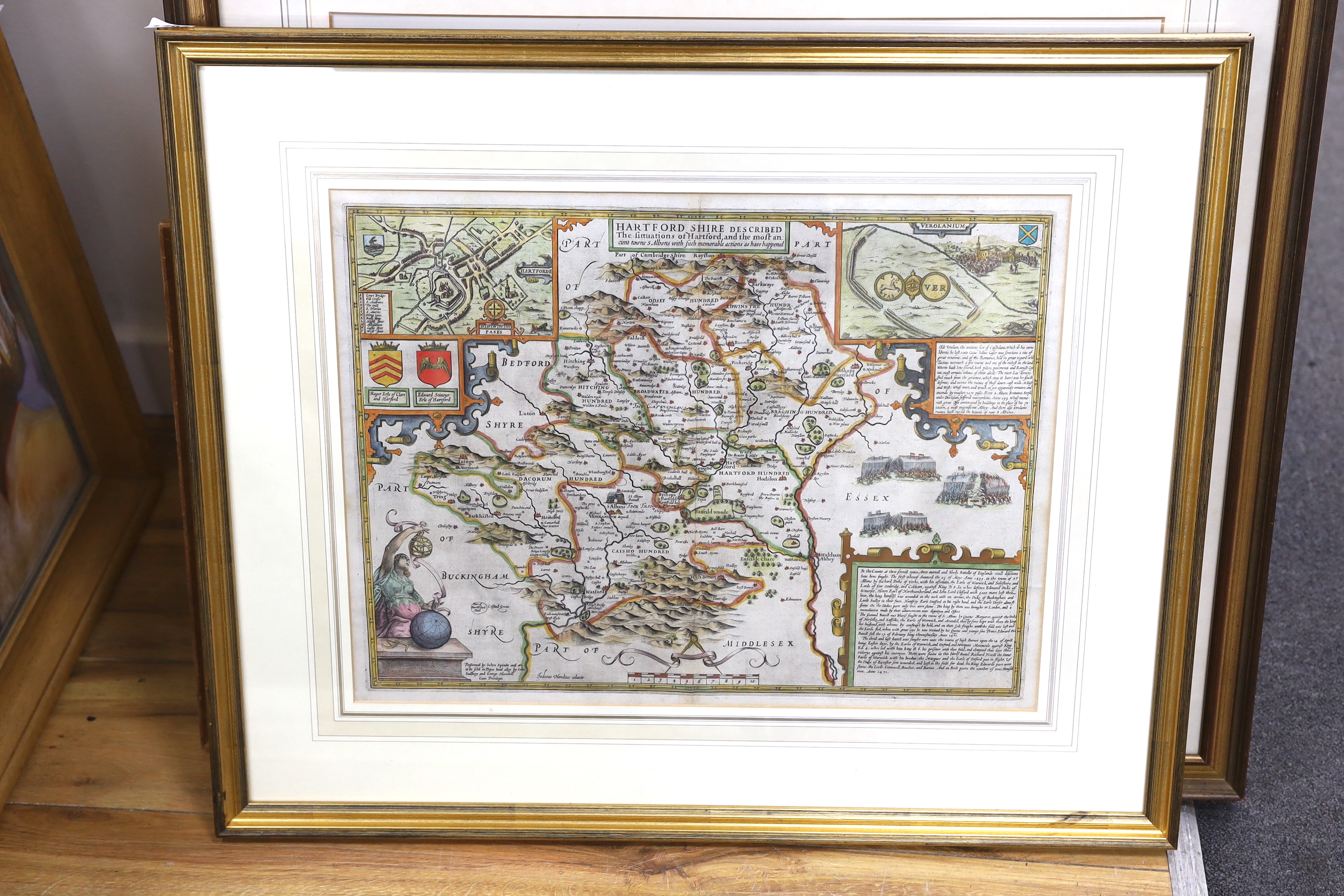 John Speed (1552-1629) hand coloured map of Hertfordshire, sold by John Sudbury and George Humble, text verso, 40 x 53cm